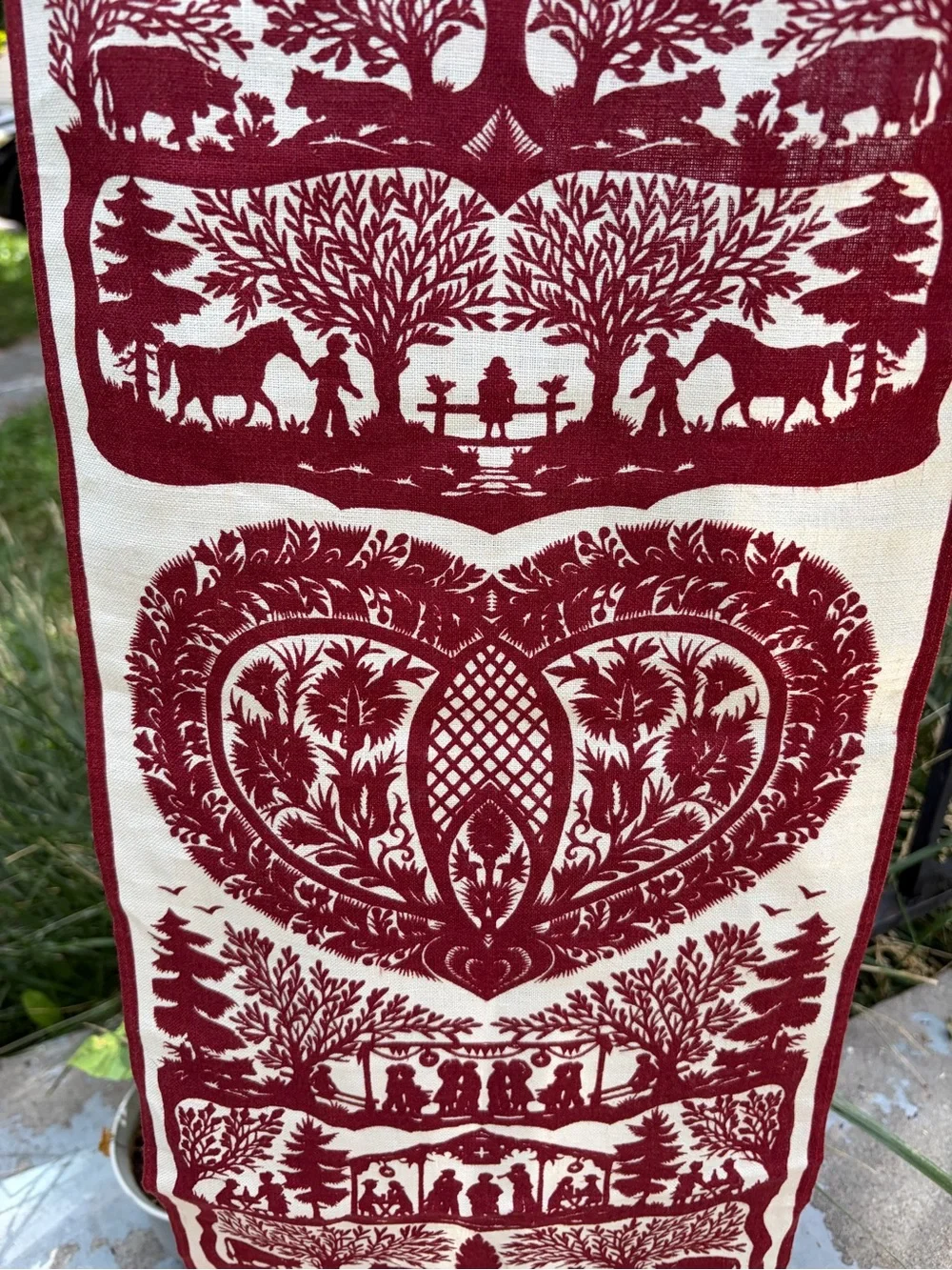 Vintage Swiss Scherenschnitte-Style- Linen Wall Hanging-Alpine Folk Art Tapestry